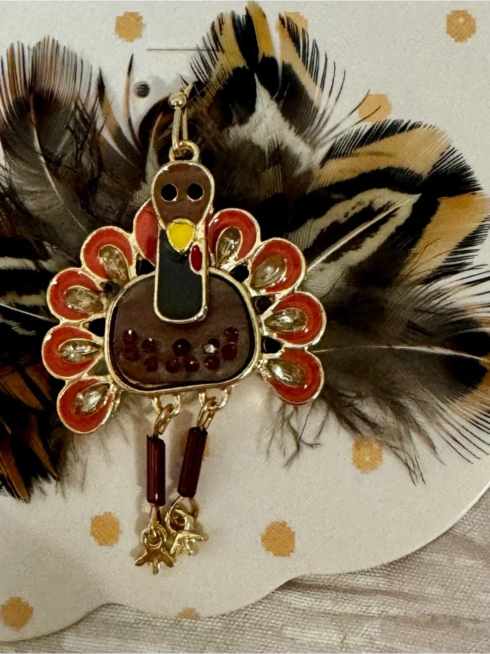Cute C&C California Brown & Orange Turkey Feather Drop Earrings